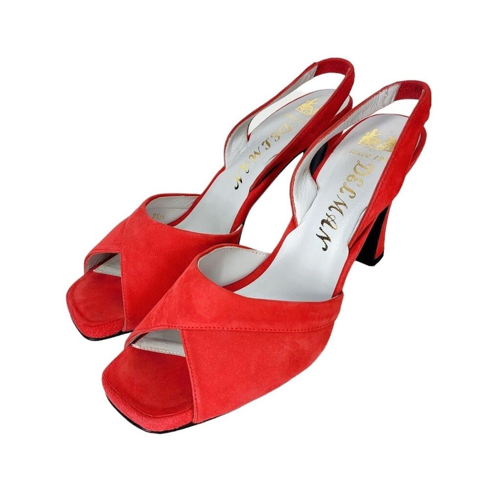 Vintage 40s Delman Red Suede Square Peep-toe Slingback Block Heels Size 7.5M